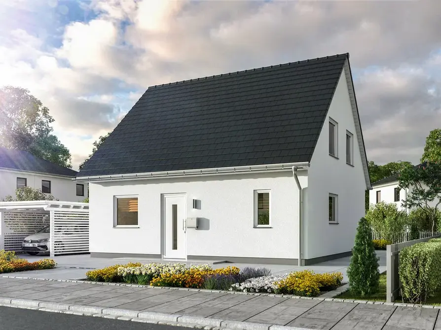 Das Flair 113 mit Blick von Straße auf Eingangsbereich auf Haus der Variante Trend