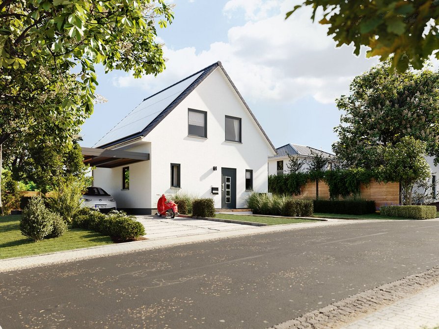Raumwunder 90 von der Straße – modernes Einfamilienhaus mit Carport Straßenansicht des Raumwunder 90 mit Eingangsbereich, Carport und gepflegtem Vorgarten bei Tageslicht