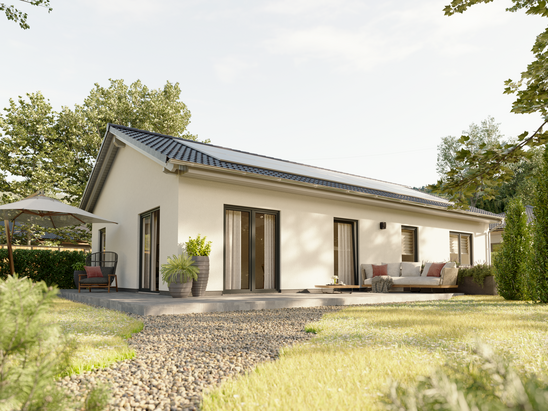 Bungalow 100 – perfekte Basis für Solarenergie Bungalow 100 als Aktionshaus mit flacher Dachfläche und idealen Bedingungen für Photovoltaik